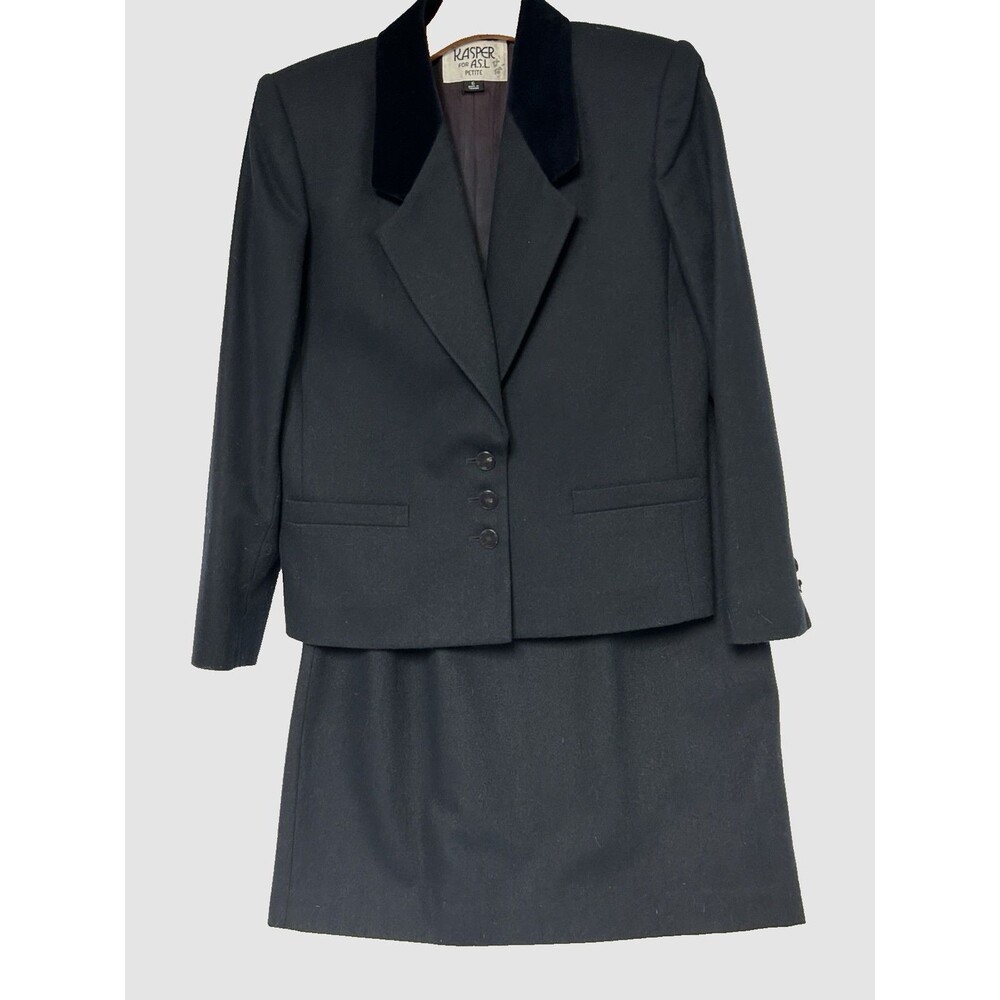 VTG Career Blazer Skirt Set Blue Wool Blend Kasper ASL Women's Petite Size P6